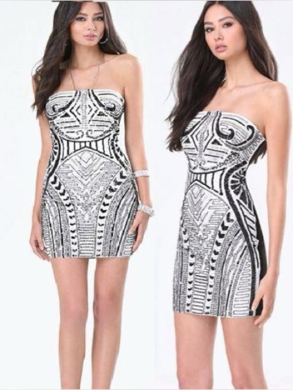 BEBE WHITE BEADED CORRINE STRAPLESS...  glass beaded & metal detailed mini dress